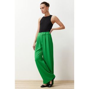 Trendyol Green Hook and Loop Closure High Waist Pleated Wide Leg/Wide Cut Knitted Trousers obraz