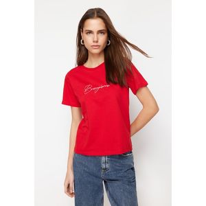 Trendyol Red 100% Cotton Motto Embroidered Regular/Regular Fit Knitted T-Shirt obraz