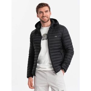 Ombre Men's satin finish bomber jacket with contrasting ribbed cuffs - dark blue obraz