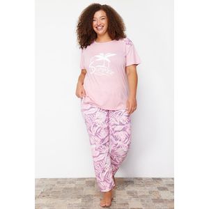 Trendyol Curve Pink Knitted Floral Pattern Knitted Pajamas Set obraz