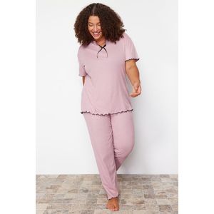 Trendyol Curve Pale Pink Bow Detailed Camisole Knitted Pajamas Set obraz