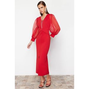 Trendyol Red Tulle Sleeve Detailed Woven Long Evening Dress obraz