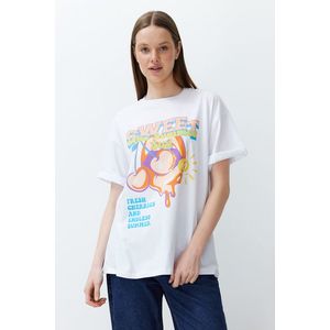 Trendyol White*001 100% Cotton Printed Boyfriend Fit Crew Neck Knitted T-Shirt obraz
