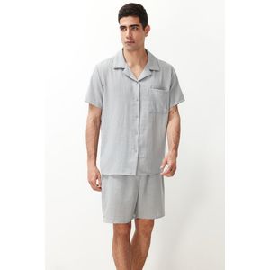 Trendyol Gray Men's Regular Fit Shirt Collar Pajama Set with Woven Shorts obraz