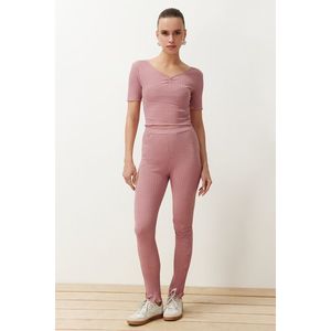 Trendyol Dried Rose V-neck Gather Detailed Ribbed Stretch Knitted Blouse and Trousers Bottom-Top Set obraz