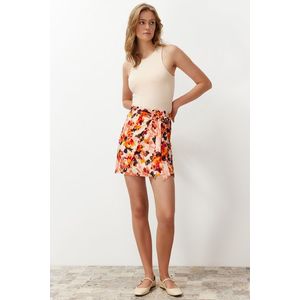Trendyol Orange Flower Patterned Double Breasted Closure Tie Detailed Satin Fabric Mini Woven Skirt obraz