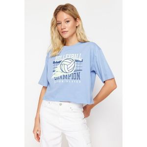 Trendyol Blue Relaxed Printed Crew Neck Crop Knitted T-Shirt obraz