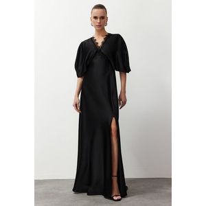 Trendyol Black Lace Detailed Satin Long Evening Dress obraz