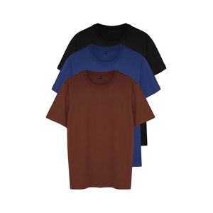 Trendyol Black-Brown-Navy Blue Basic Slim 100% Cotton 3 Pack Short Sleeve T-Shirts obraz