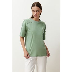 Trendyol Mint 100% Cotton Stone Accessory Detailed Relaxed/Comfortable Cut Knitted T-Shirt obraz