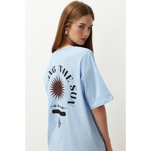 Trendyol Blue Printed Oversize/Creature Knitted T-Shirt obraz