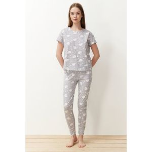 Trendyol Gray Cotton Animal Pattern Knitted Pajamas Set obraz