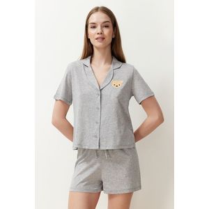 Trendyol Gray Melange Cotton Teddy Bear Embroidered Shirt-Shorts Knitted Pajamas Set obraz