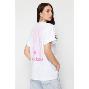 Trendyol White 100% Cotton Back and Front Motto Printed Oversize/Casual Fit Knitted T-Shirt obraz