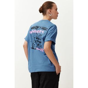 Trendyol Indigo 100% Cotton Slogan Printed Oversize/Wide Fit Short Sleeve Knitted T-Shirt obraz