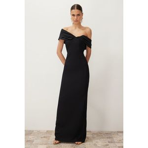 Trendyol Black Fitted Asymmetric Collar Poplin Detail Long Evening Dress obraz