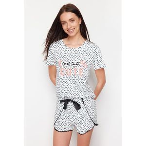 Trendyol White-Multicolored Ribbon/Bow Detailed Polka Dot Slogan Printed Knitted Pajama Set obraz