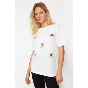 Trendyol White Printed Relaxed Knitted T-Shirt obraz