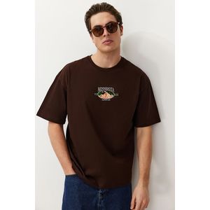 Trendyol Brown Men's Oversize/Wide Cut Landscape Embroidered 100% Cotton T-Shirt obraz