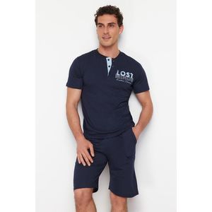 Trendyol Navy Blue Button Collar Regular Fit Pajama Set with Knitted Shorts obraz