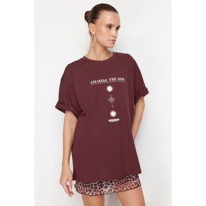 Trendyol Brown Printed Oversize/Wide Knitted T-Shirt obraz