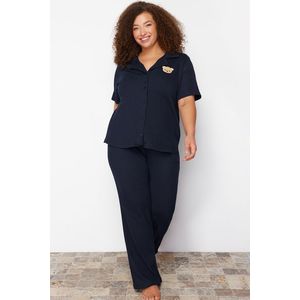 Trendyol Curve Navy Embroidered Shirt Collar Knitted Pajamas Set obraz