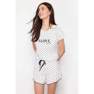 Trendyol White Cotton Polka Dot and Slogan Printed Knitted Pajamas Set obraz