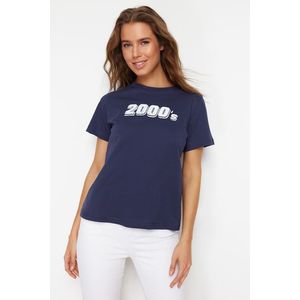Trendyol Navy Blue 100% Cotton Printed Regular/Regular Fit Crew Neck Knitted T-Shirt obraz