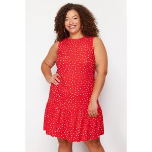 Trendyol Curve Red Polka Dot Printed Zero Sleeve Flounce Shift/Plain Mini Flexible Knitted Dress obraz