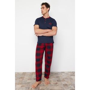 Trendyol Men's Navy Blue Regular Fit Plaid Knitted Pajama Set obraz
