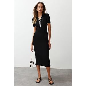 Trendyol Black Midi Knitwear Polo Collar Dress obraz