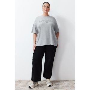 Trendyol Curve Gray Melange Printed Oversize Knitted T-shirt obraz