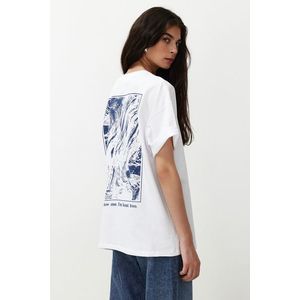 Trendyol White 100% Cotton Back and Front Printed Oversize/Casual Fit Knitted T-Shirt obraz