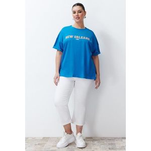 Trendyol Curve Blue Printed Oversize Knitted T-shirt obraz