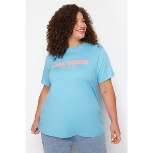 Trendyol Curve Blue Slogan Printed Boyfriend Knitted T-shirt obraz