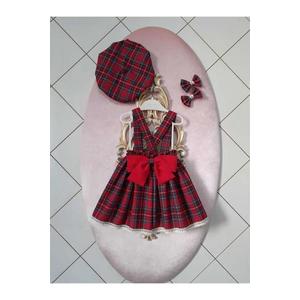 N7995 Dewberry Baby Plaid Salopette Dress & Hat & Buckle Set-RED obraz