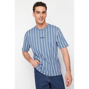 Trendyol Indigo Relaxed/Comfortable Cut Striped 100% Cotton T-Shirt obraz