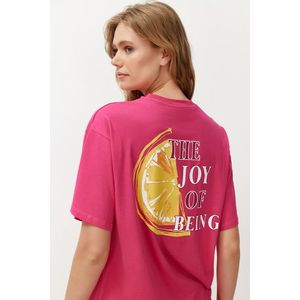 Trendyol Fuchsia Pink 100% Cotton Back and Front Printed Oversize/Comfortable Fit Knitted T-Shirt obraz