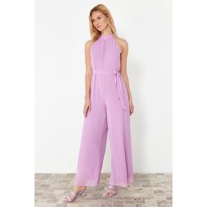 Trendyol Lilac Belted Maxi Chiffon Lined Woven Jumpsuit obraz