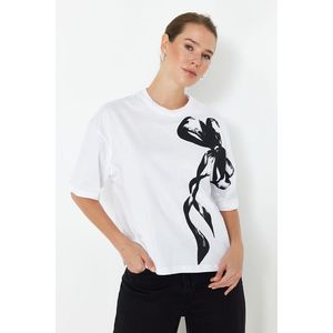 Trendyol White 100% Cotton Ribbon Printed Oversize/Wide Fit Crew Neck Knitted T-Shirt obraz