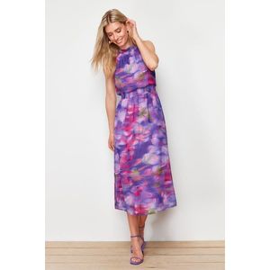 Trendyol Purple Floral Print A-line Chiffon Lined Midi Woven Dress obraz
