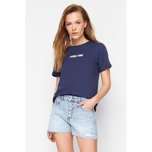 Trendyol Navy Blue 100% Cotton Slogan Embroidered Relaxed/Comfortable Pattern Knitted T-Shirt obraz