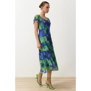 Trendyol Blue Floral Square Neck Midi A-Line/A-Line Form Knitted Midi Dress obraz