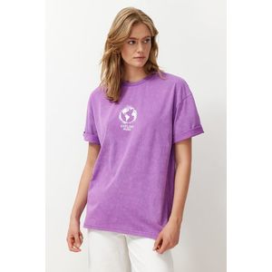 Trendyol Purple 100% Cotton Printed Washed Oversize/Wide Fit Crew Neck Knitted T-Shirt obraz