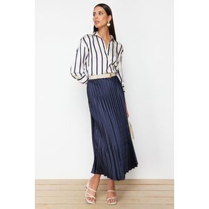 Trendyol Navy Blue Pleated Satin Fabric Maxi Length Woven Skirt obraz