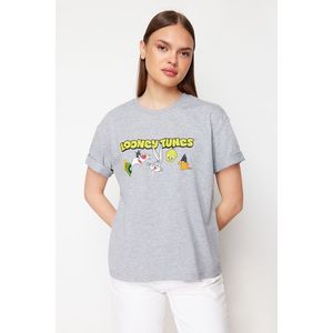 Trendyol Gray Melange Looney Tunes Licensed Relaxed/Comfortable Cut Knitted T-Shirt obraz