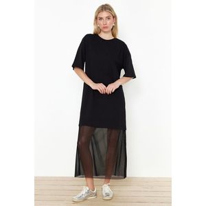 Trendyol Black Relaxed/Casual Fit Tulle Detailed Knitted Maxi Dress obraz