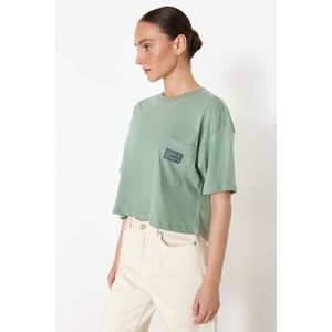 Trendyol Mint More Sustainable 100% Cotton Relaxed Crop Pocket and Printed Knitted T-Shirt obraz