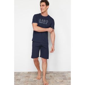 Trendyol Navy Blue Crew Neck Regular Fit Pajama Set with Knitted Shorts obraz
