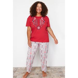 Trendyol Curve Red Geometric Patterned Knitted Pajamas Set obraz